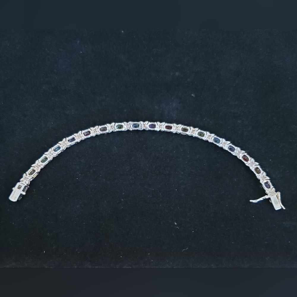925 Sterling Silver Multi Gemstone Tennis Bracelet Overtone Vintage - Picture 8 of 15